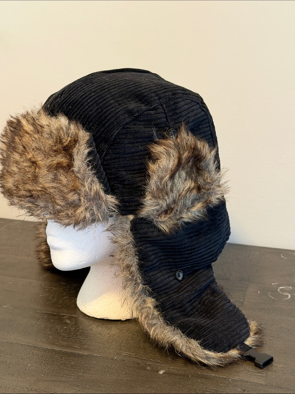 Black Faux Fur Trapper Hat for Women - Cozy Winter Earflap Cap